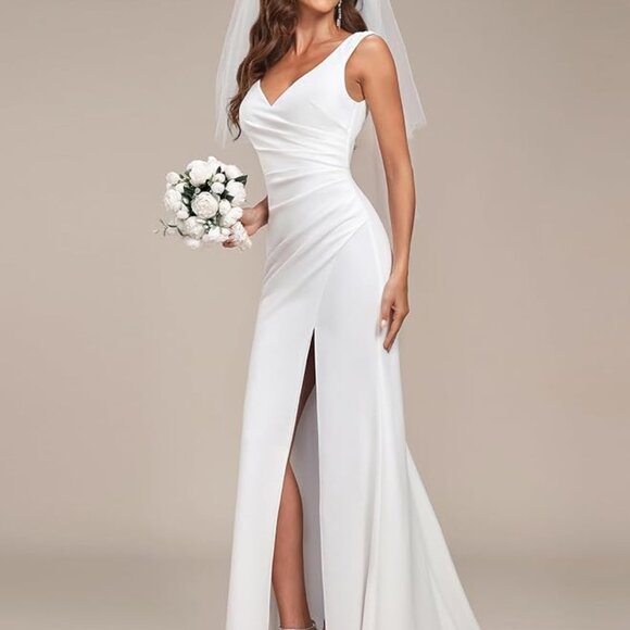 Classic V-Neck Mermaid Bodycon Slit White Wedding Dresses - Picture 2 of 8